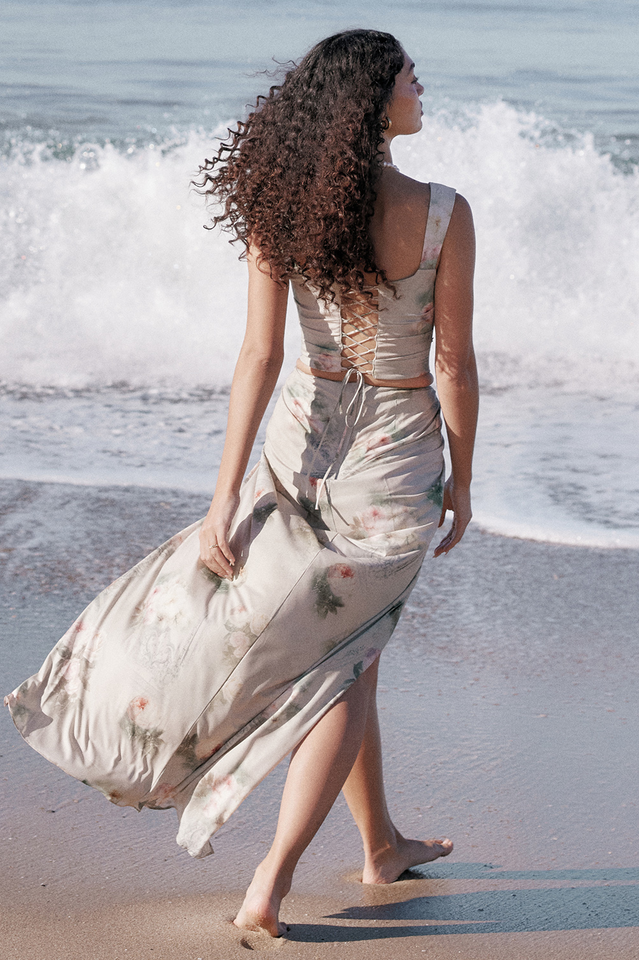 Floral Cowl Neck Corset High Slit Maxi Two Piece Set