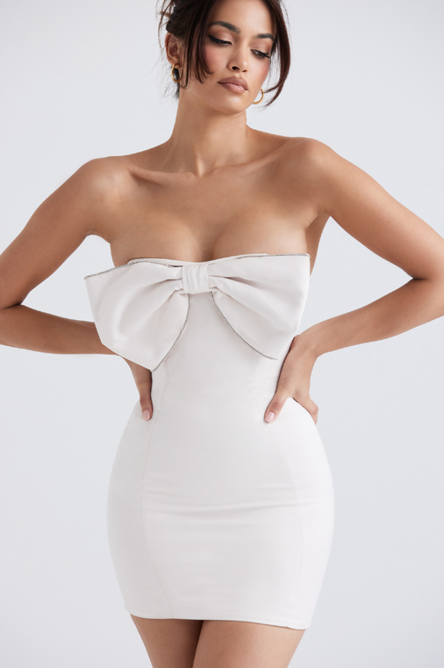 Rhinestone Trim Strapless Oversized Bow Bust Bodycon Mini Dress