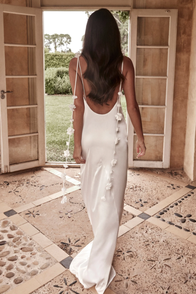 Spaghetti Strap Satin Low Back Floral Applique Tie Strap Maxi Gown