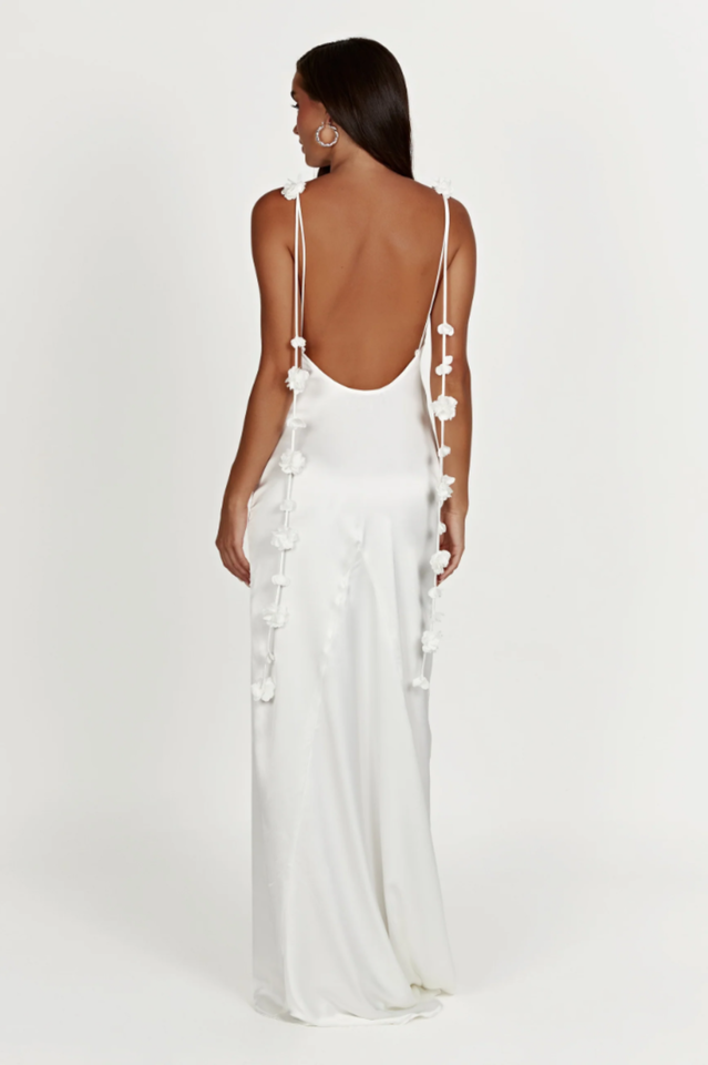 Spaghetti Strap Satin Low Back Floral Applique Tie Strap Maxi Gown