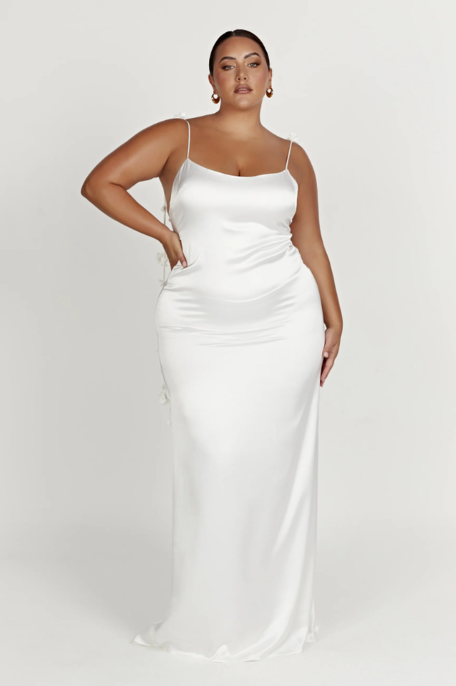 Spaghetti Strap Satin Low Back Floral Applique Tie Strap Maxi Gown