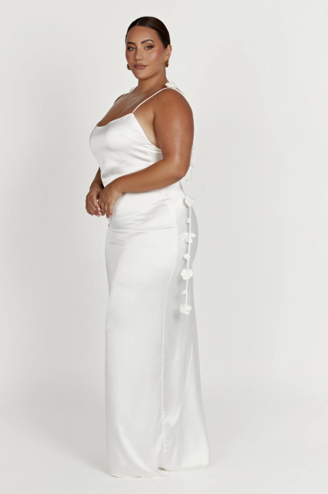 Spaghetti Strap Satin Low Back Floral Applique Tie Strap Maxi Gown