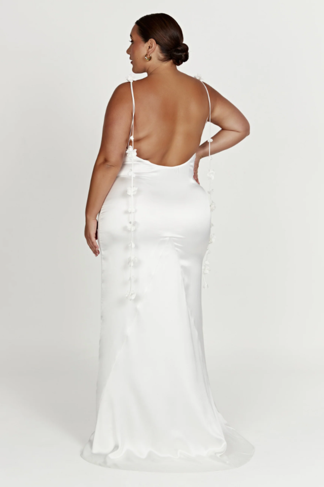 Spaghetti Strap Satin Low Back Floral Applique Tie Strap Maxi Gown