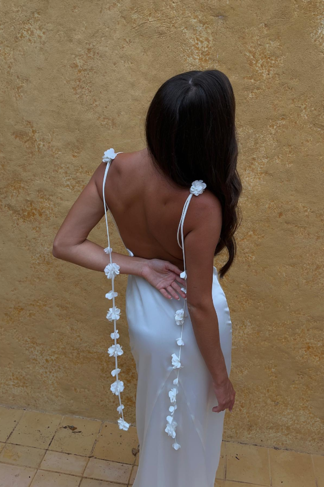 Spaghetti Strap Satin Low Back Floral Applique Tie Strap Maxi Gown