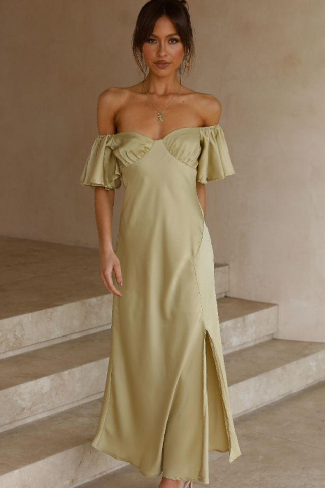 Satin Off Shoulder Puff Sleeve High Split Midi Dress 2