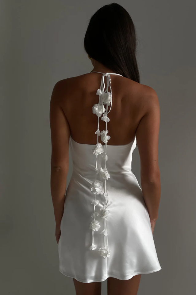 Satin Halter Neck Backless Floral Trim Mini Dress