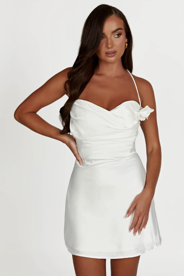 Satin Halter Neck Backless Floral Trim Mini Dress
