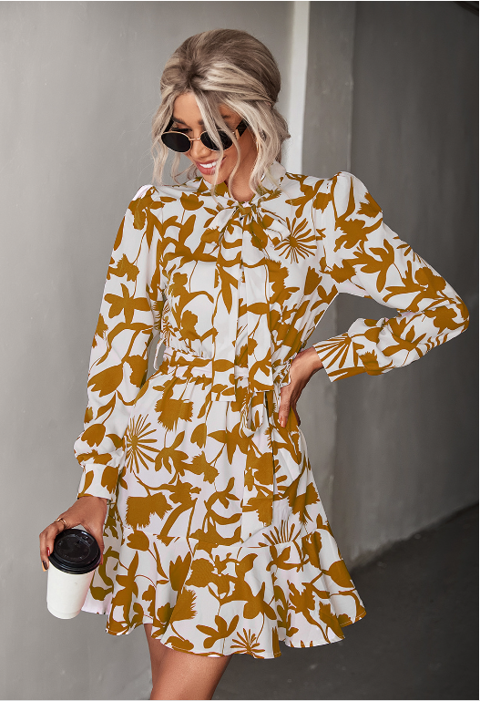 Leaf Print Tie Neck Long Sleeve Belted Ruffle Hem Mini Dress