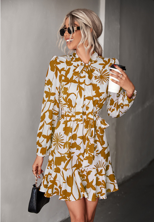 Leaf Print Tie Neck Long Sleeve Belted Ruffle Hem Mini Dress 2