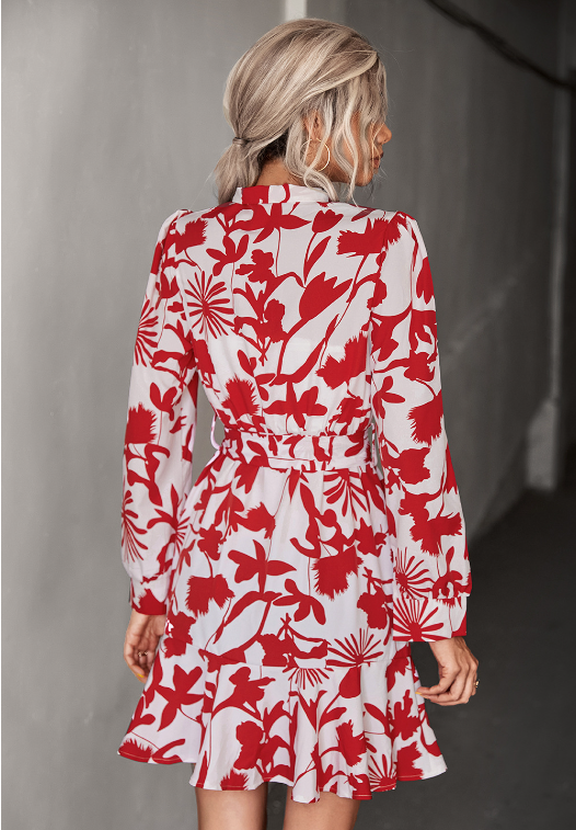 Leaf Print Tie Neck Long Sleeve Belted Ruffle Hem Mini Dress 9