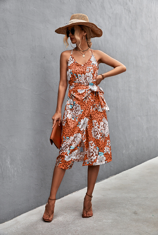 Floral Leopard Print V-Neck Spaghetti Strap Tie Waist Midi Dress 2