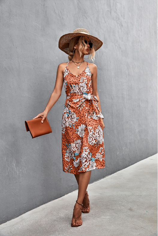 Floral Leopard Print V-Neck Spaghetti Strap Tie Waist Midi Dress