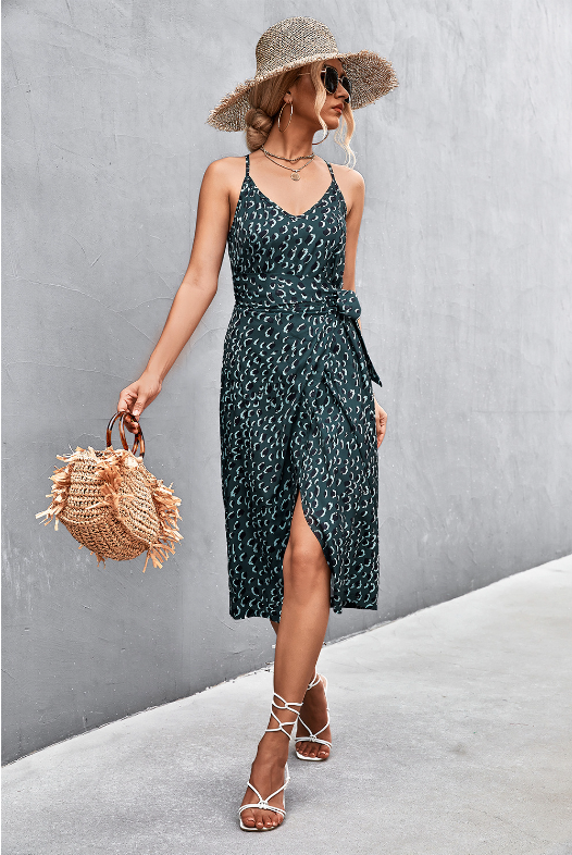 Floral Leopard Print V-Neck Spaghetti Strap Tie Waist Midi Dress 7