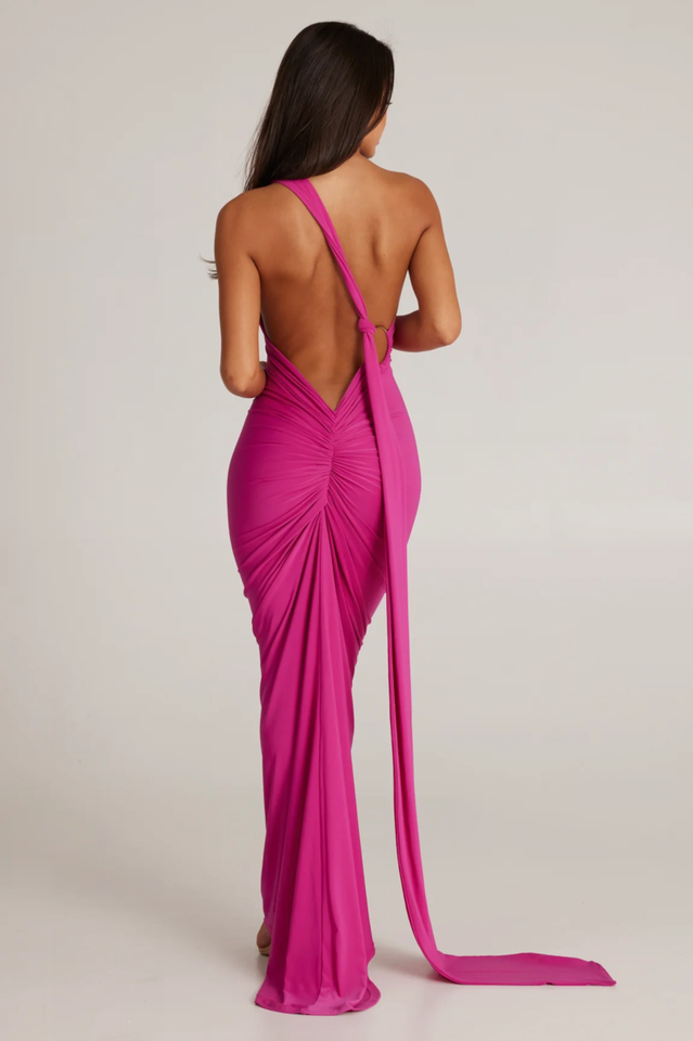 One Shoulder Ruched Open Back Trailing Sash Floor Length Gown