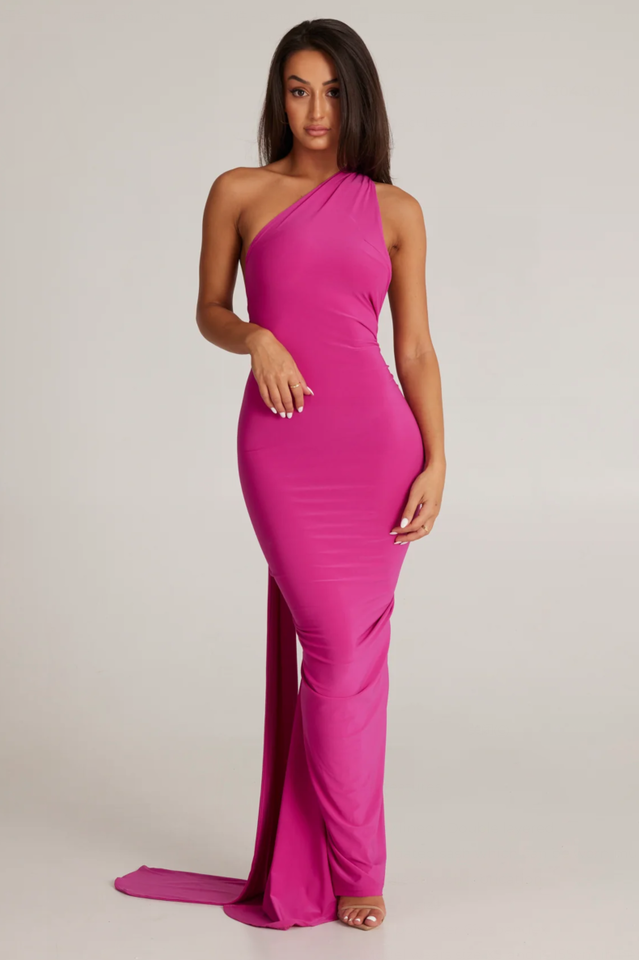 One Shoulder Ruched Open Back Trailing Sash Floor Length Gown