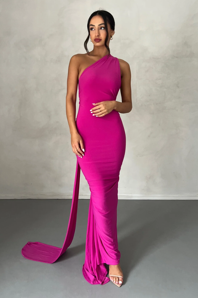 One Shoulder Ruched Open Back Trailing Sash Floor Length Gown