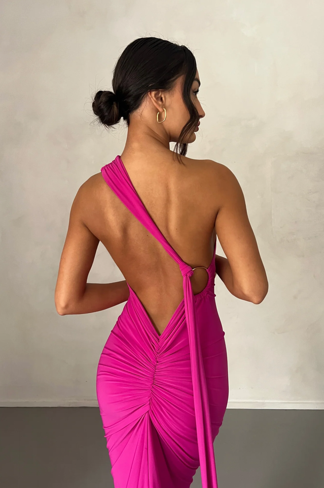 One Shoulder Ruched Open Back Trailing Sash Floor Length Gown
