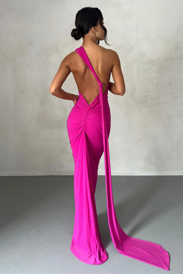 One Shoulder Ruched Open Back Trailing Sash Floor Length Gown