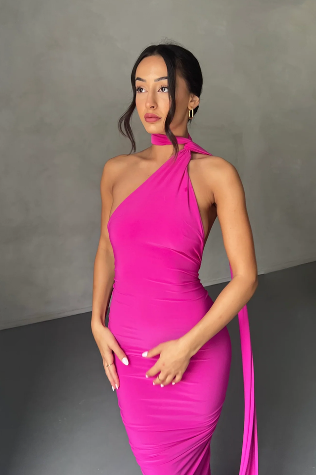 One Shoulder Ruched Open Back Trailing Sash Floor Length Gown