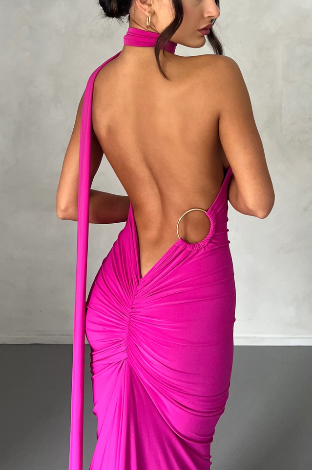 One Shoulder Ruched Open Back Trailing Sash Floor Length Gown