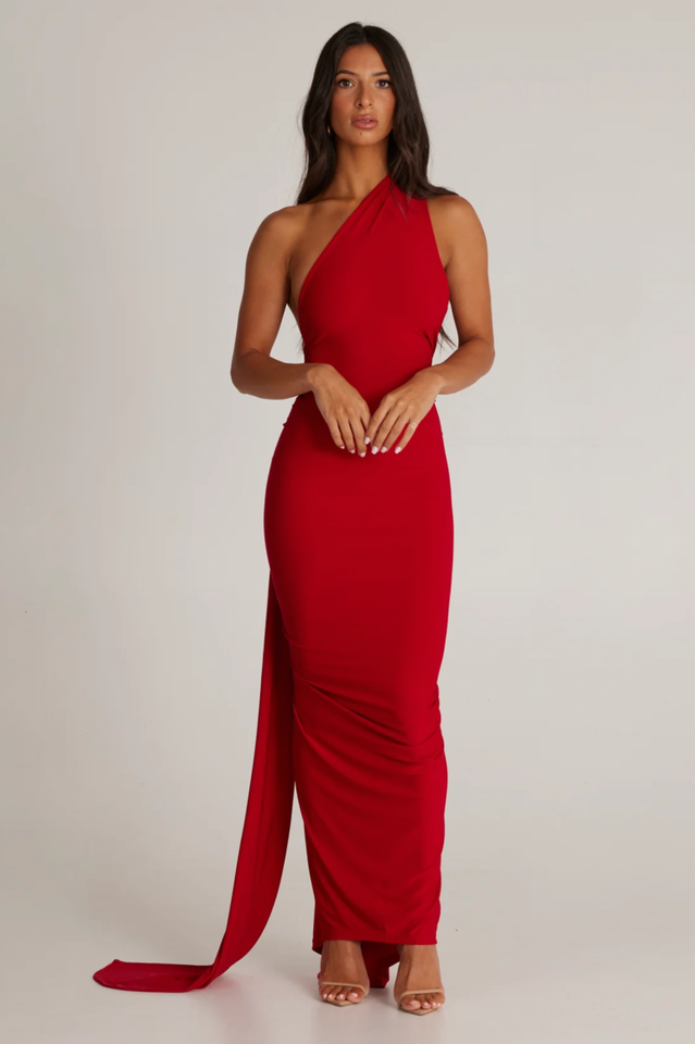 One Shoulder Ruched Open Back Trailing Sash Floor Length Gown