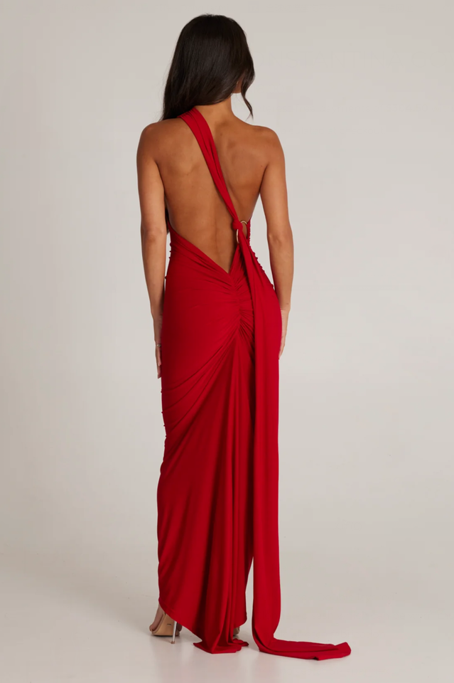 One Shoulder Ruched Open Back Trailing Sash Floor Length Gown