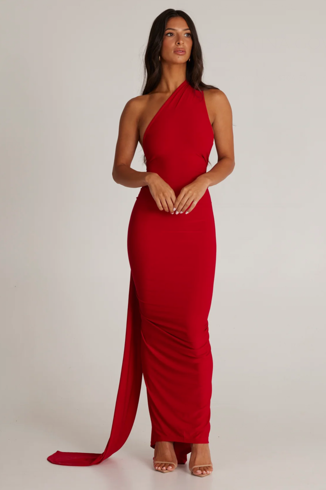 One Shoulder Ruched Open Back Trailing Sash Floor Length Gown