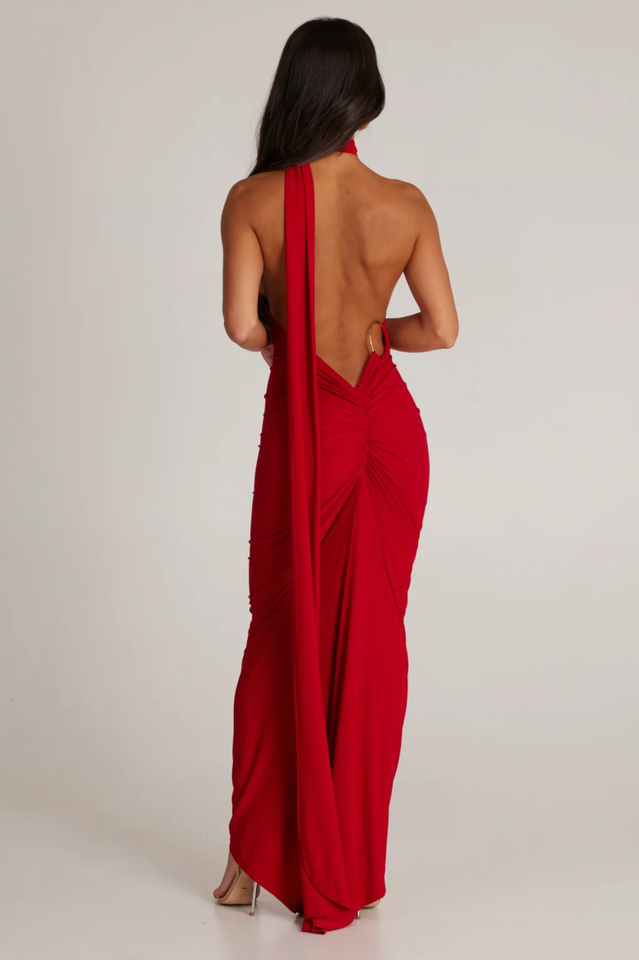 One Shoulder Ruched Open Back Trailing Sash Floor Length Gown