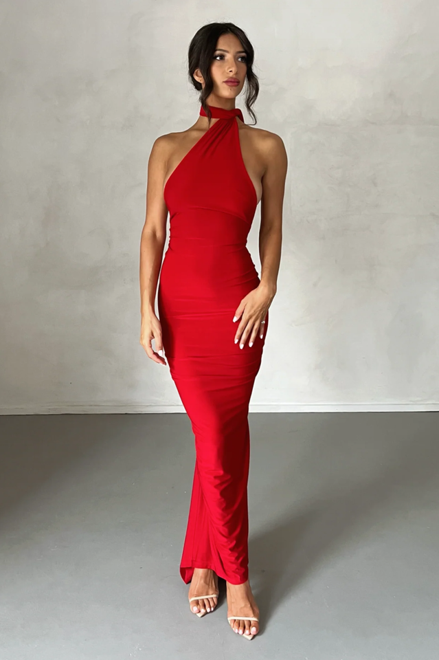 One Shoulder Ruched Open Back Trailing Sash Floor Length Gown