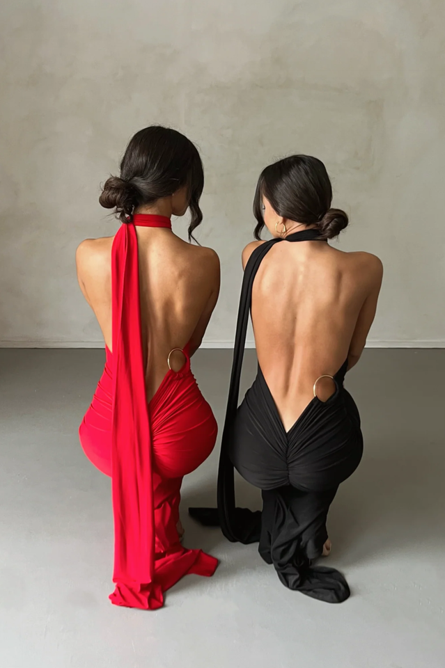 One Shoulder Ruched Open Back Trailing Sash Floor Length Gown