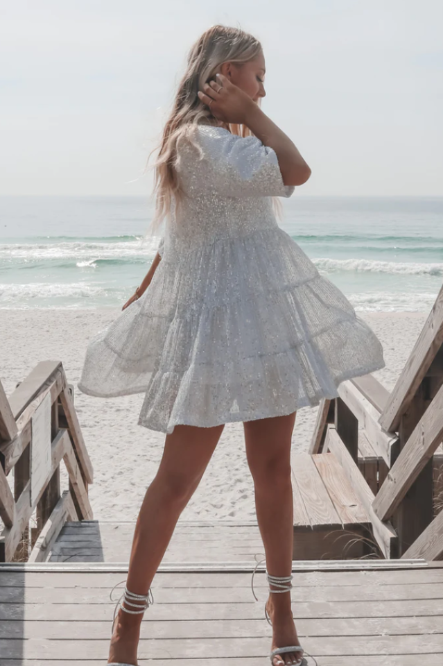 Sequin Tiered Ruffle Short Sleeve Crew Neck Babydoll Mini Party Dress
