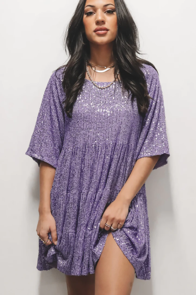 Sequin Tiered Ruffle Short Sleeve Crew Neck Babydoll Mini Party Dress