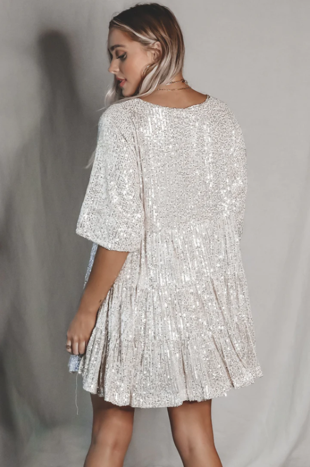 Sequin Tiered Ruffle Crew Neck Short Sleeve Smock Mini Party Dress