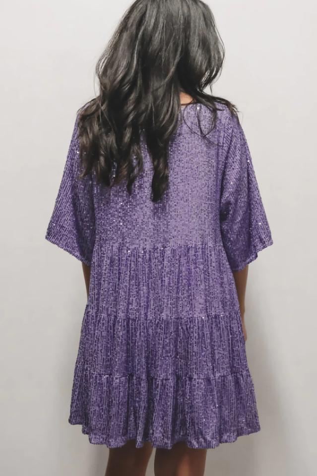 Sequin Tiered Ruffle Crew Neck Short Sleeve Smock Mini Party Dress