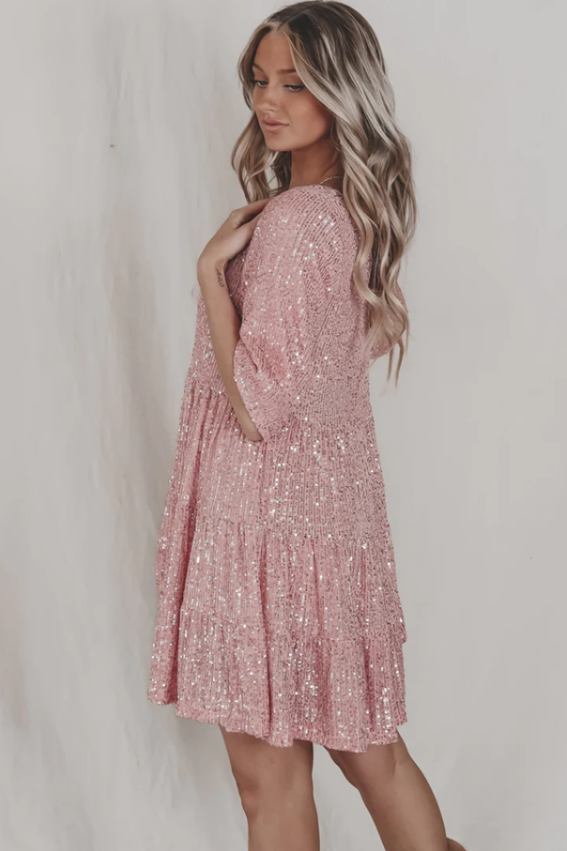 Sequin Tiered Ruffle Short Sleeve Crew Neck Babydoll Mini Party Dress