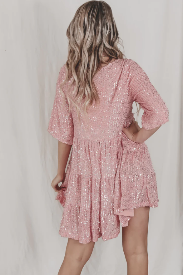 Sequin Tiered Ruffle Short Sleeve Crew Neck Babydoll Mini Party Dress