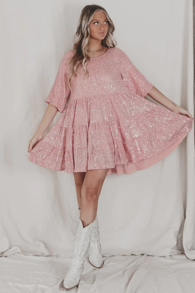 Sequin Tiered Ruffle Crew Neck Short Sleeve Smock Mini Party Dress
