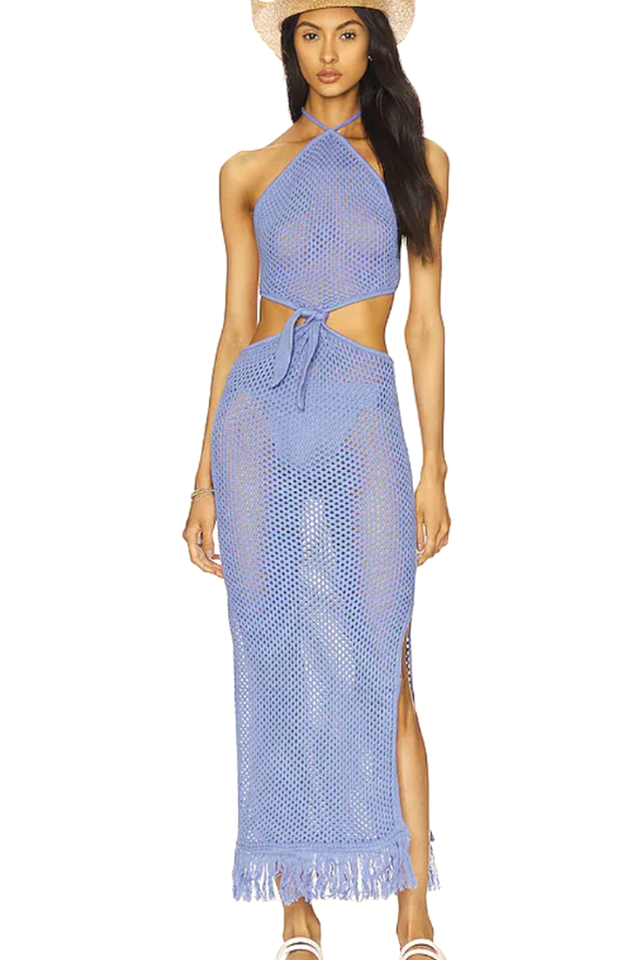Crochet Knit Halter Neck Fringe High Split Midi Dress 4