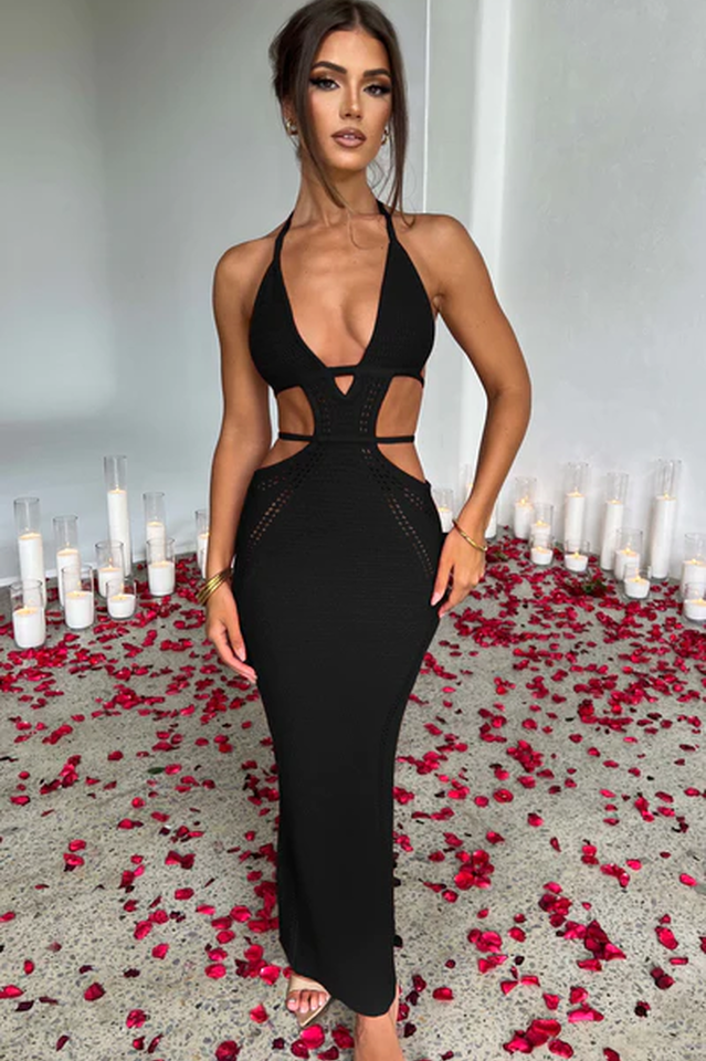 Crochet Knit Halter Neck Cut Out Mermaid Maxi Dress 7