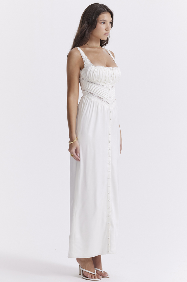 Lace Trim Square Neck Corset Panel Button Front Maxi Dress - View 4