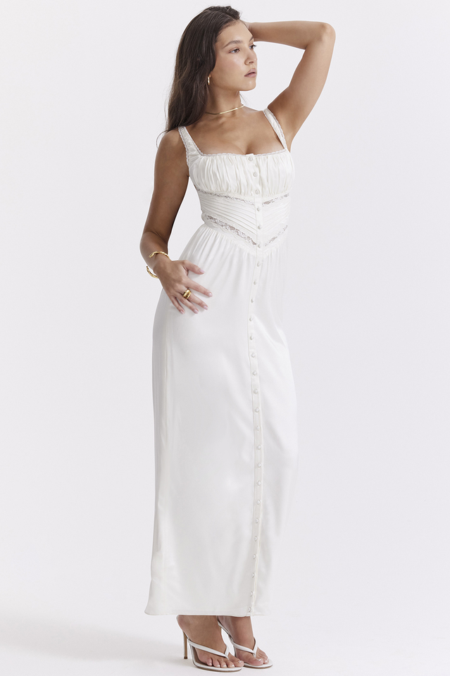 Lace Trim Square Neck Corset Panel Button Front Maxi Dress