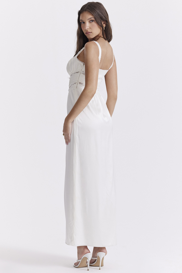 Lace Trim Square Neck Corset Panel Button Front Maxi Dress