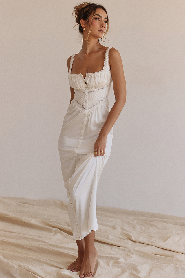 Lace Trim Square Neck Corset Panel Button Front Maxi Dress