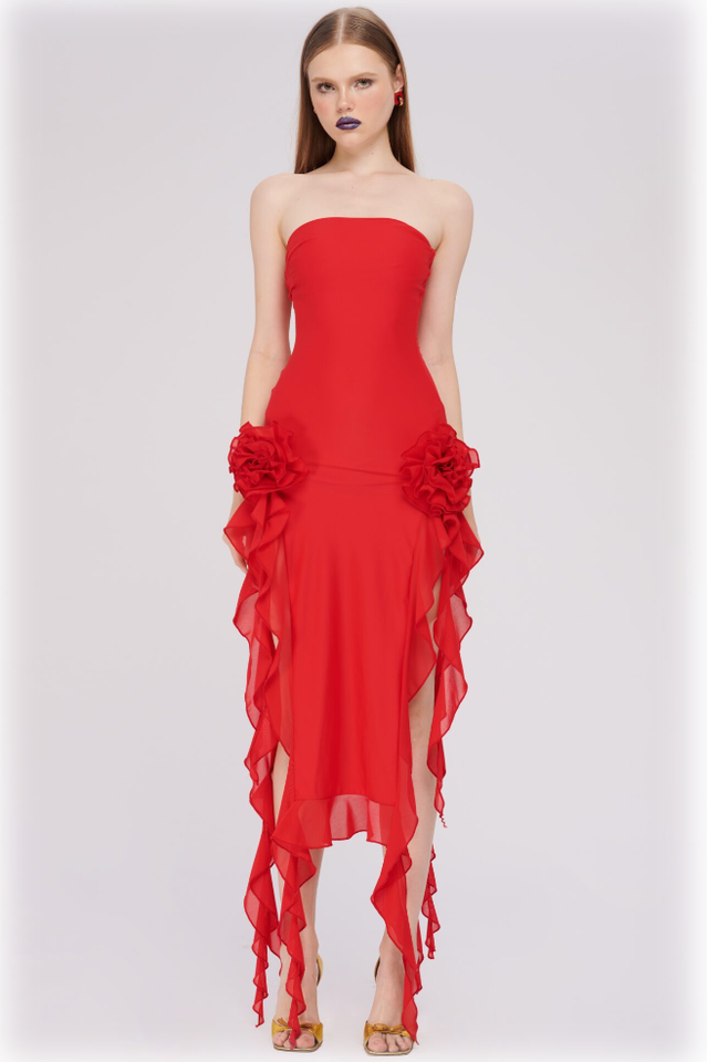 Tulle Strapless Rose Appliqué Ruffle Tiered Handkerchief Hem Maxi Gown