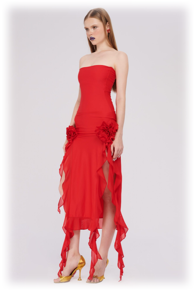 Tulle Strapless Rose Appliqué Ruffle Tiered Handkerchief Hem Maxi Gown