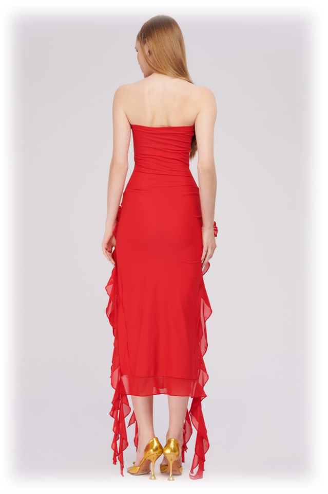 Tulle Strapless Rose Appliqué Ruffle Tiered Handkerchief Hem Maxi Gown