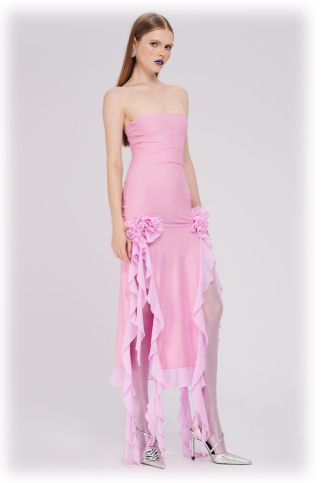 Tulle Strapless Rose Appliqué Ruffle Tiered Handkerchief Hem Maxi Gown