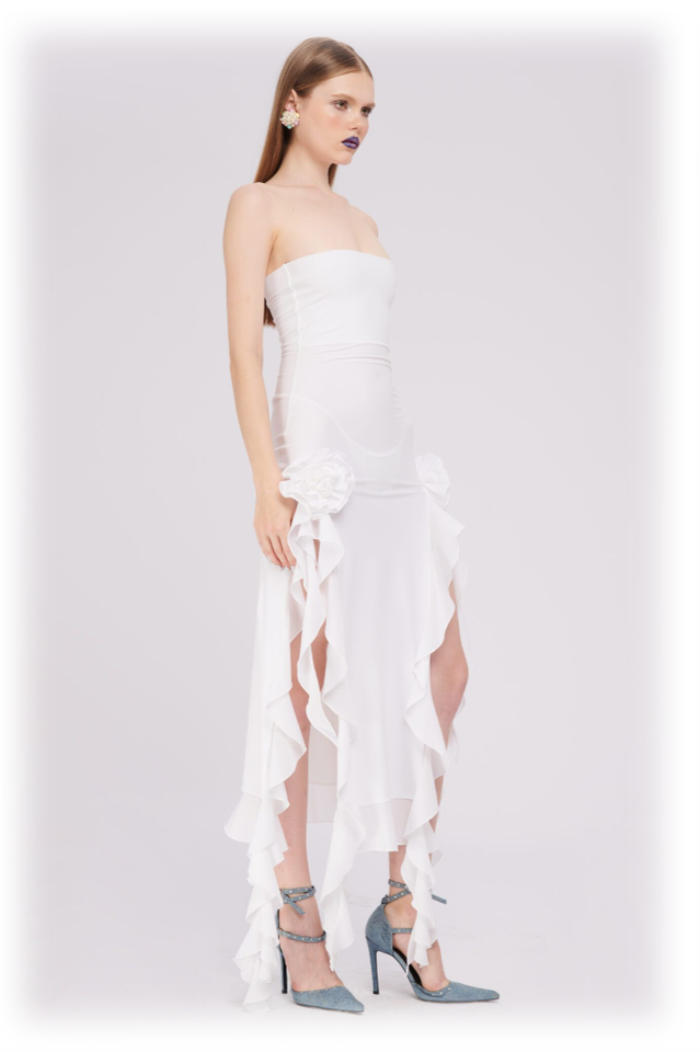 Tulle Strapless Rose Appliqué Ruffle Tiered Handkerchief Hem Maxi Gown