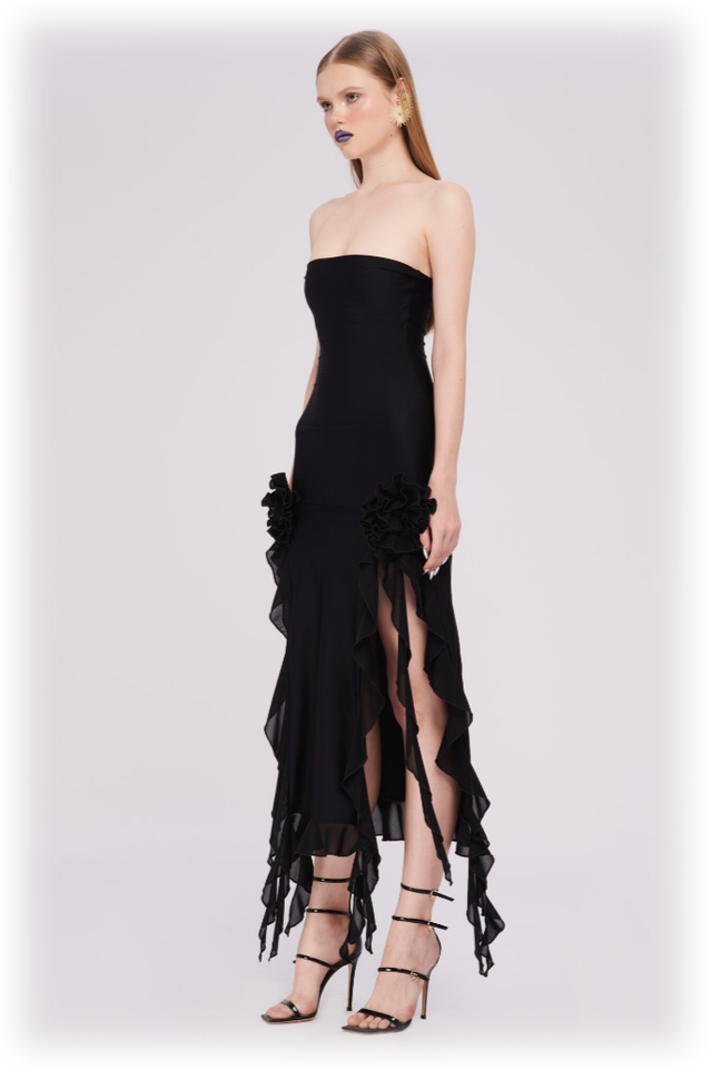 Tulle Strapless Rose Appliqué Ruffle Tiered Handkerchief Hem Maxi Gown