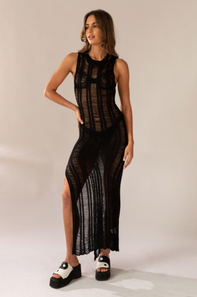 Crochet Knit Sleeveless High Split Maxi Dress 7